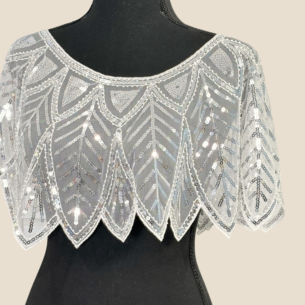 1920s Gatsby Flapper Dress Small Sequin Beaded Fringe Capelet Headpiece Jazz Age - Picture 3 of 14